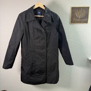GAP Women Double Breasted Trench‎ Coat Black Polyester Size Small